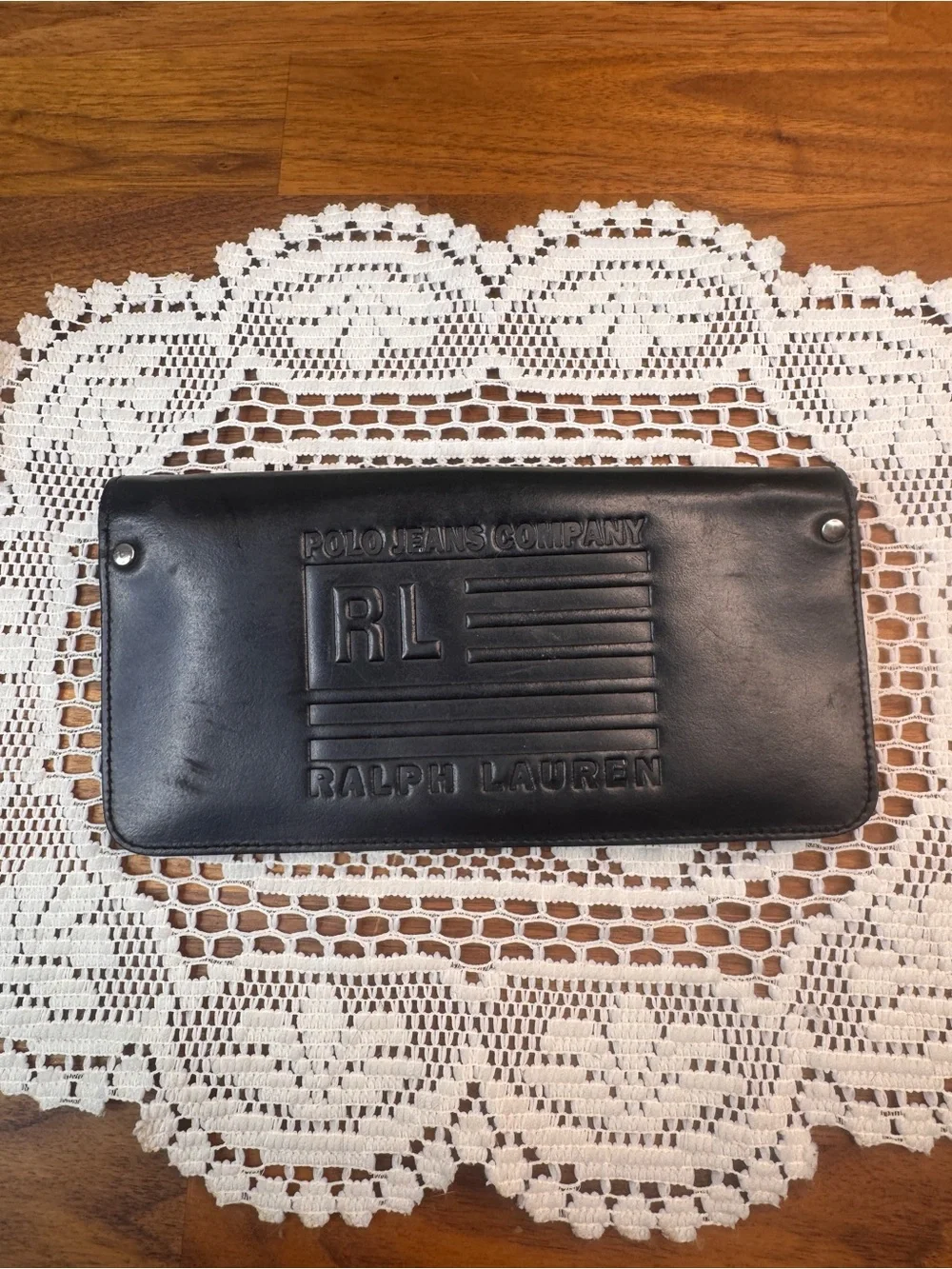 Ralph Lauren Black Embossed RL Leather Zip Motorcycle Wallet Vintage